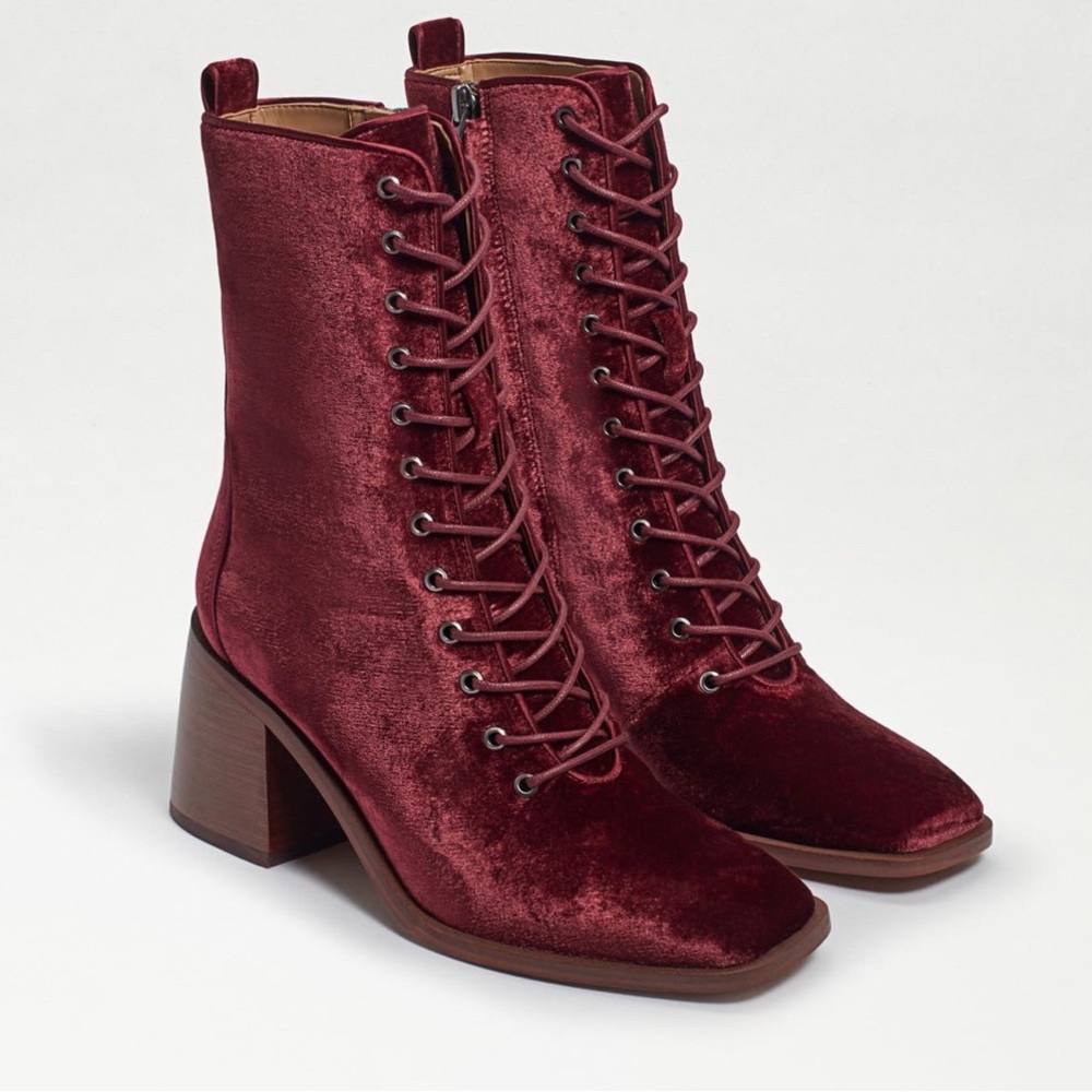 Sam Edelman-6-Westie Brick Velvet Chunky Heel Squared Toe Lace Up Mid-Calf Boots
